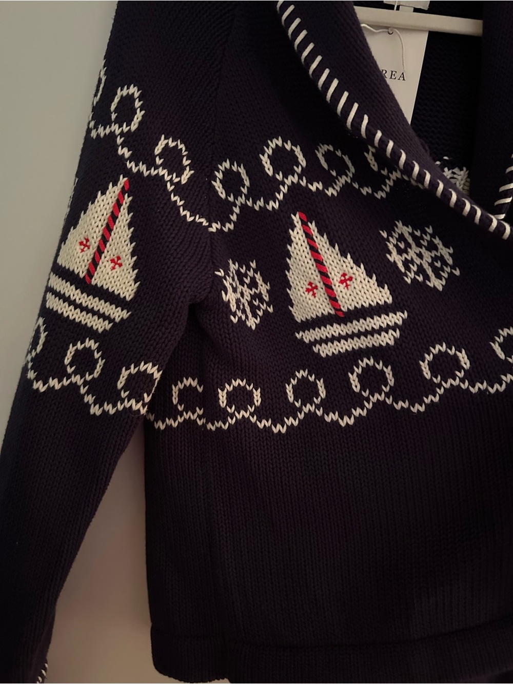 Marea By Liz Joy Nautical Sailboat Intarsia Knit Shawl Cardigan Navy Blue Medium - Picture 3 of 8